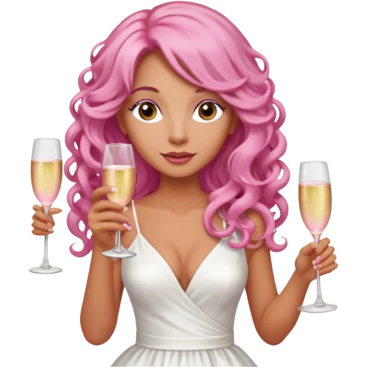 One lady with long pink curled hair and tan skin holding a glass of  pink champagne in each hand emoji