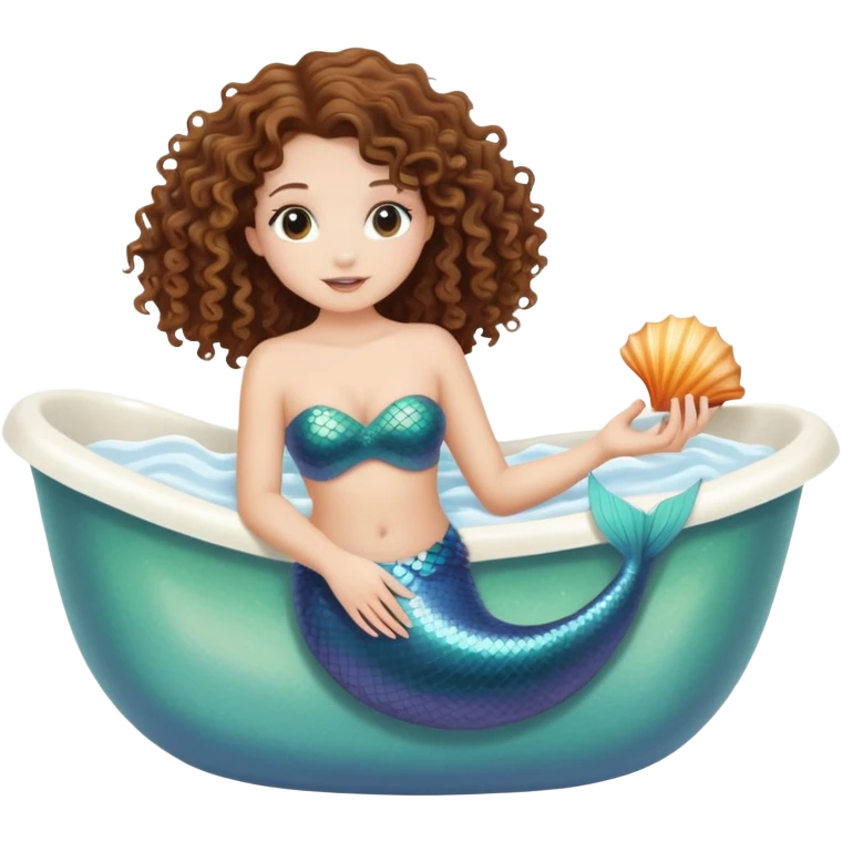 Brunette tan curly hair mermaid in bathtub emoji
