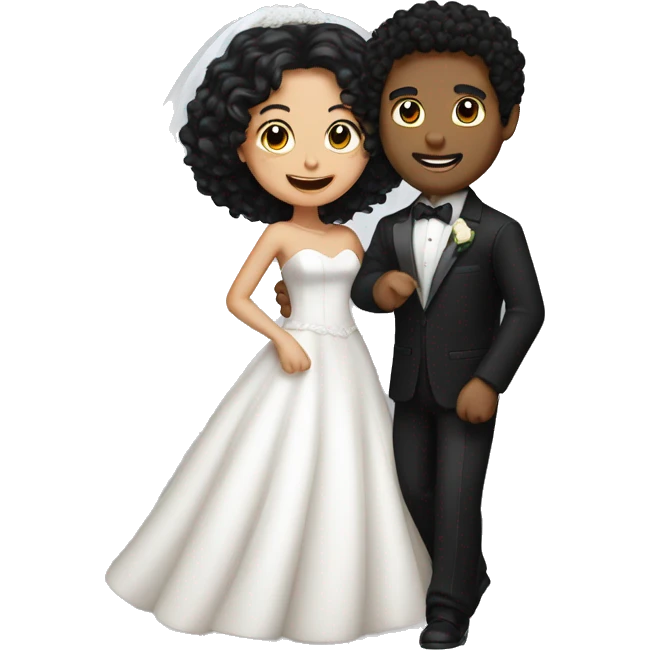 Bride with black curly hair and groom with short black hair dance emoji