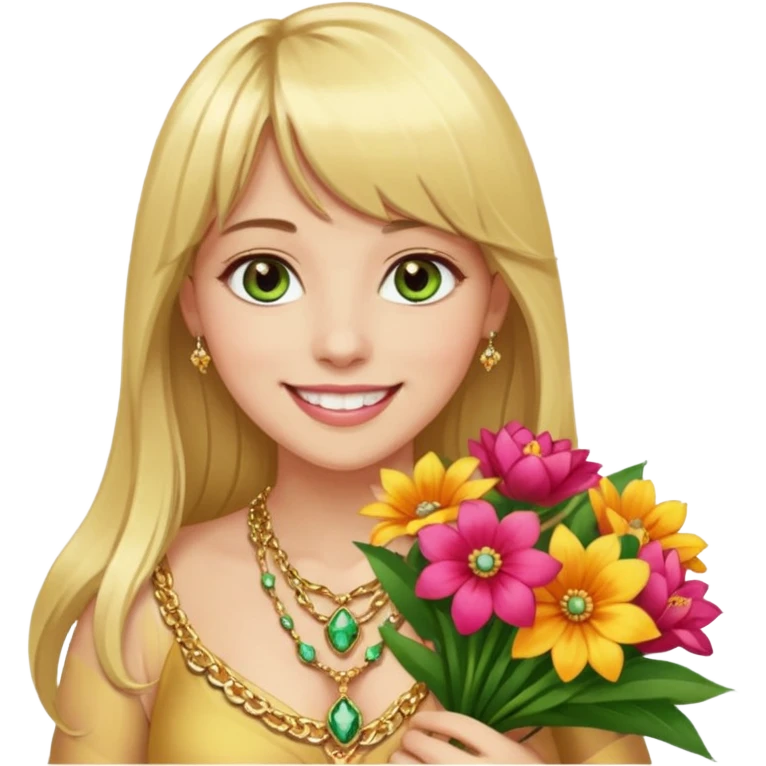 Long blonde haired with bangs, and big boobs smiling woman with hazel geen eyes, wearing gold gemstone chains,  holding a big bouquet of beautiful bright flowers  emoji