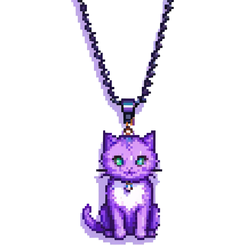pixel art purple cat, black right eye, white pupils, crescent moon necklace emoji