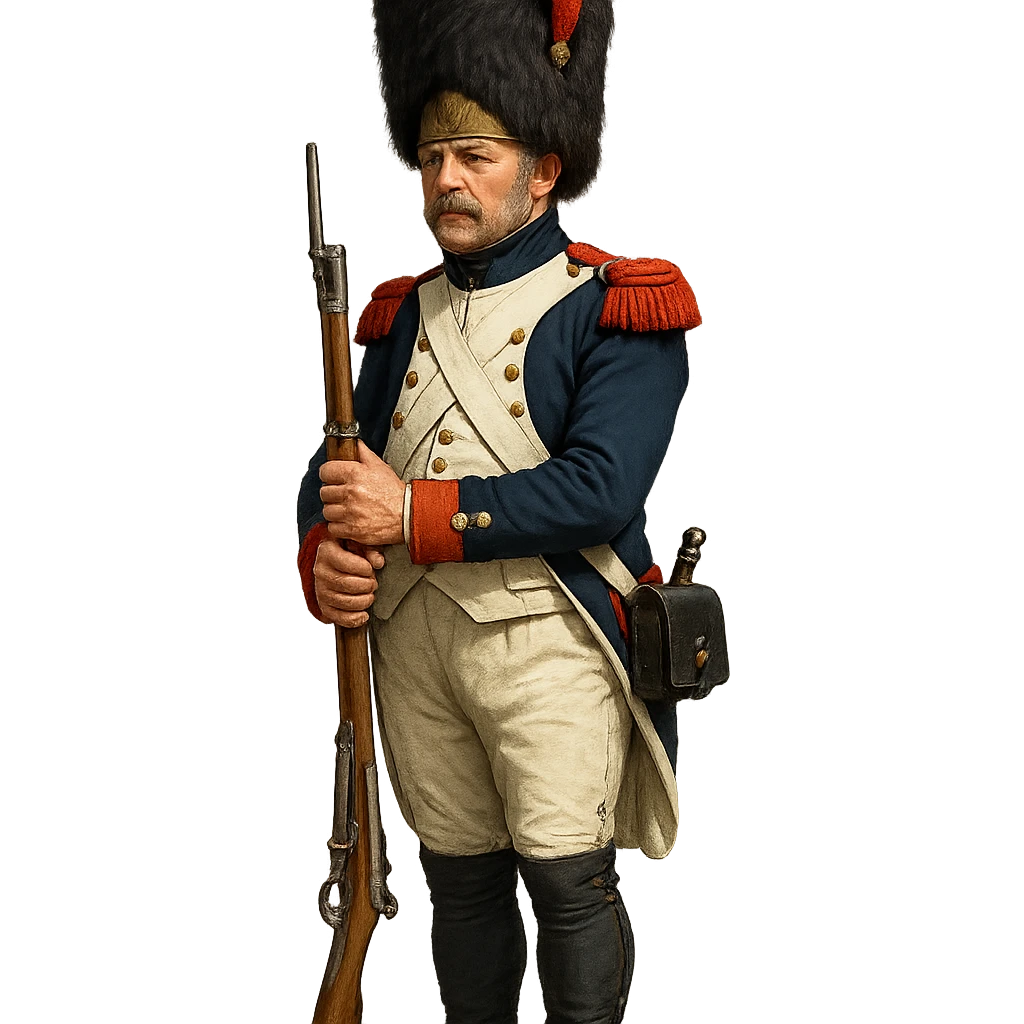 Vieille Garde soldier, Napoleonic era, holding musket, blue and white uniform, bearskin hat, historical emoji