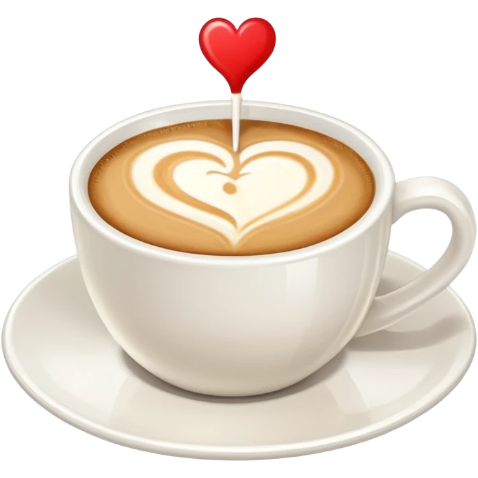 a flat white coffee without a face in a clean white coffee mug having  poured heart with latte on top emoji