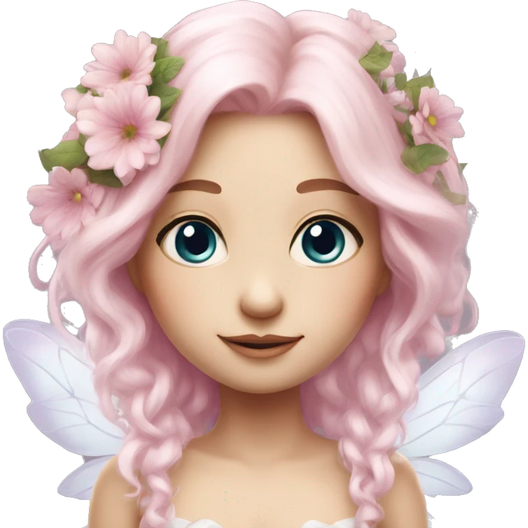 Beautiful, flower fairy, white long, light pink hair, big wings, fair skin, light viole eyes  emoji