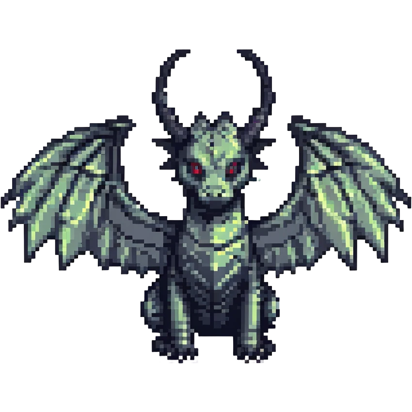 black dragon with big wings and two medium-sized horns on its head, pixel art style emoji