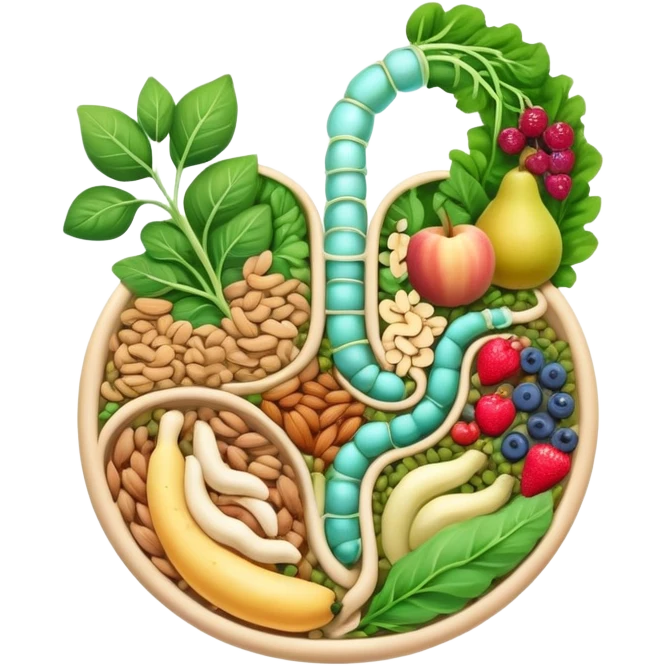 Whole grains, beans, lentils, colorful fruits, leafy greens, and small nuts surrounding an ethereal digestive system with visible intestinal tract. Gentle cleansing light flows through the intestines like a magical river, showing fiber's purifying effect. emoji