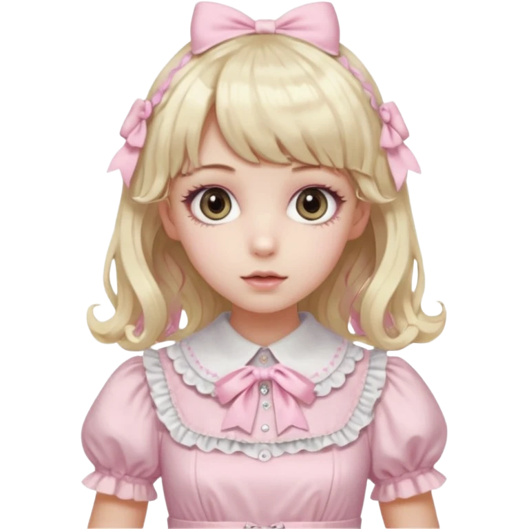 pale girl , who has curly medium length blonde and baby pink swirled hair with bangs , grey eyes , and doll like makeup , in a light pink lolita hime gyaru dress emoji | AI Emoji Generator black hair emoji
