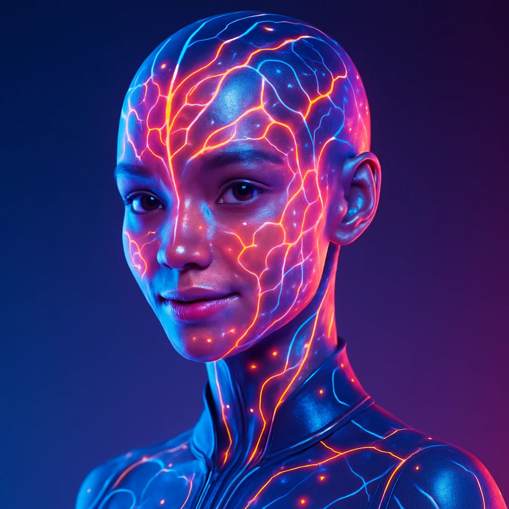 artificial intelligence, digital human, glowing skin, neural patterns, approachable look emoji