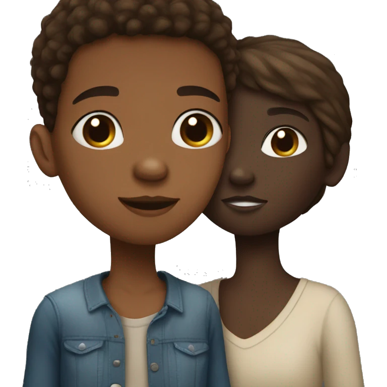 An African-American boy kissing a girl has white skin and straight and brown hair emoji