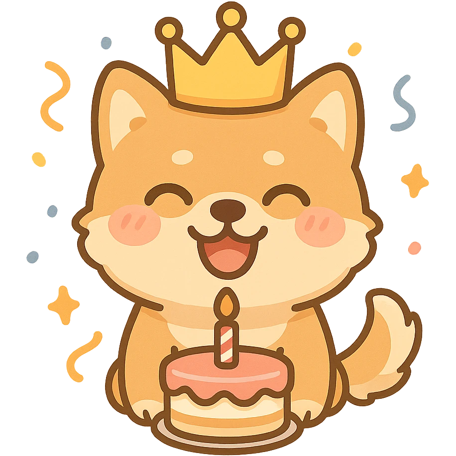 happy dog with a birthday crown, cake in front, confetti around, party atmosphere, clean background emoji