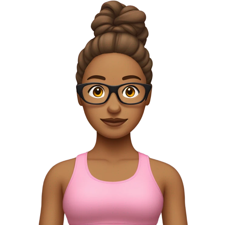 emoji de chica relizando yoga, usa lentes de maco dorado y sin finos, tiene un traje de gimnasia rosado y su cabello es cobrizo emoji