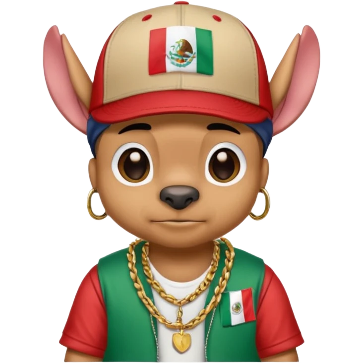 Crea un emogi de stich estilo reguetonero con una gorra con el nombre de Liam y la bandera de México en el pecho y lucho Blin blin emoji