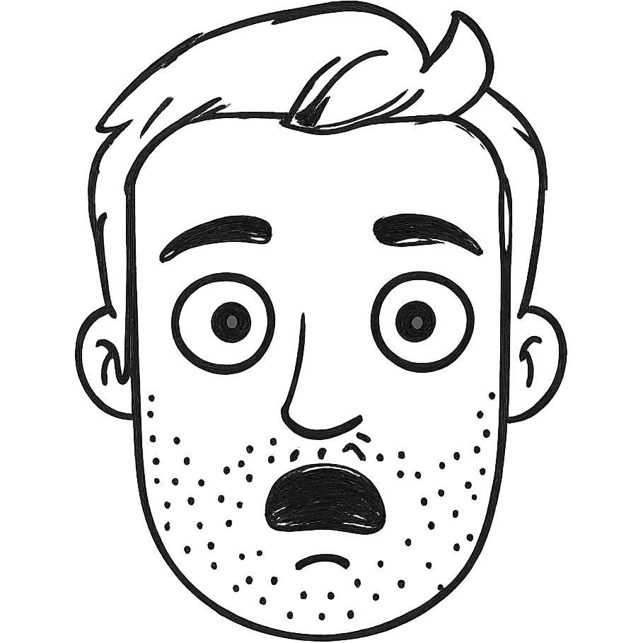Make the beard less visible, just a hint of stubble, keep the style and background transparent in hand drawn icon style with no fill. emoji
