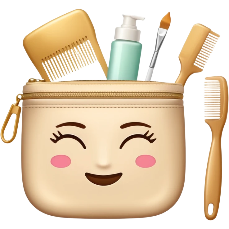 Lux A comb, an elastic band, a hairpin and face cream are in a beige cosmetic lux bag without eyes and month  emoji