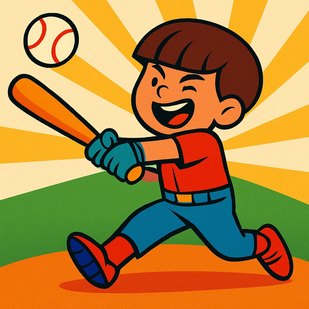 A boy with a bowl cut haircut hitting a home run in baseball, dynamic action, expressive, clear baseball bat and ball, energetic pose, vibrant cartoon style emoji