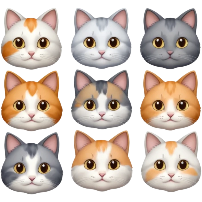 6 realistic looking cats with different natural coloured coats, assorted grey and white, greys, calico, brown and white colours etc
 emoji
