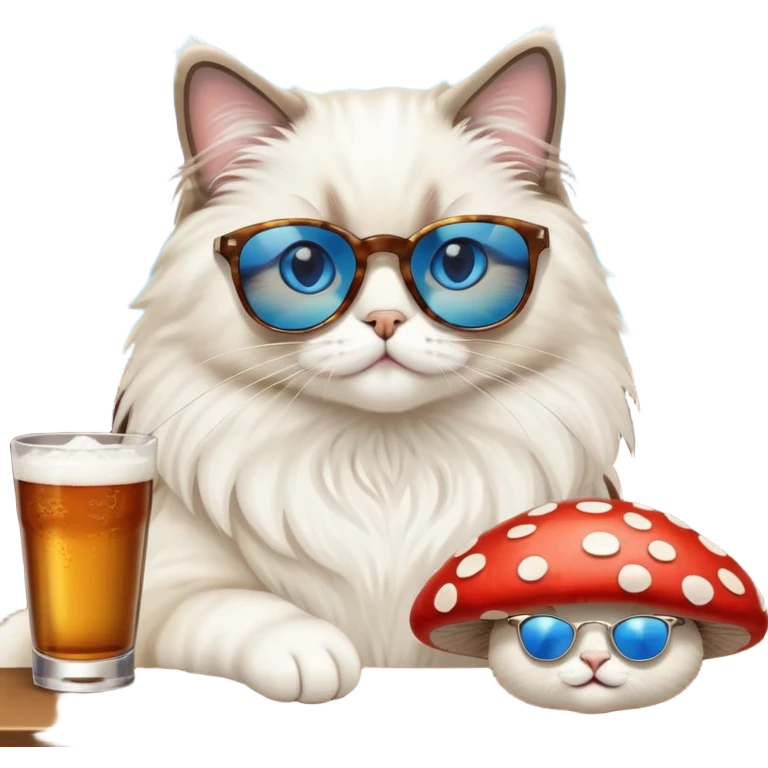 One ragdoll cat with sunglasses selling mushrooms in a bar emoji