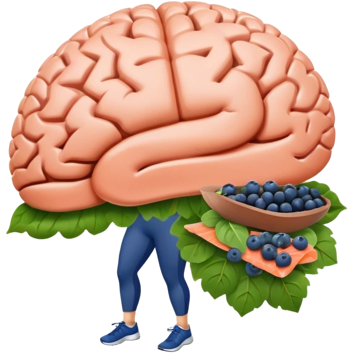brain surrounded by healthy lifestyle choices, exercising, salmon, dark chocolate, blueberries, seeds, leafy greens . brain booster emoji