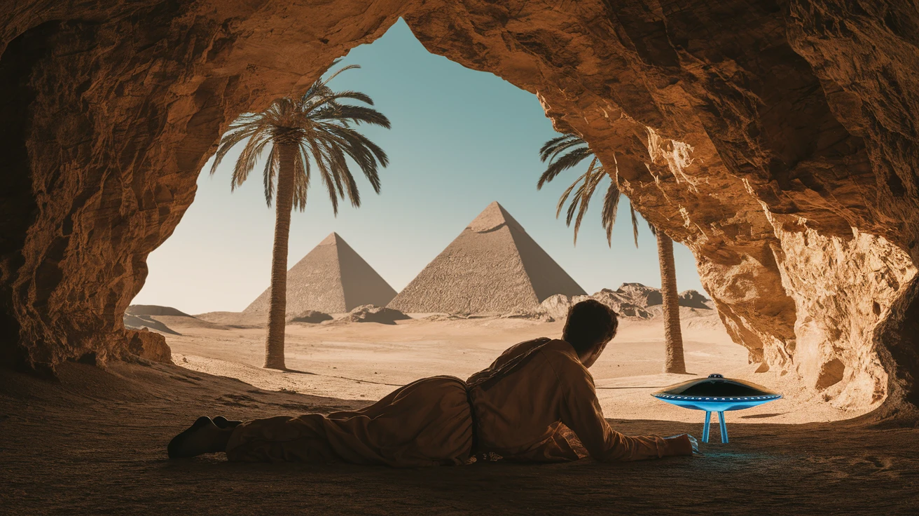 cinematic still, documentary photography, acient egypt, back shot of a man dress in ancient clothes in cave on ground laying front of small ufo starship, palms, dynamic scane, leading lines, captured by arri alexa, depth layers, piramids in babckground emoji