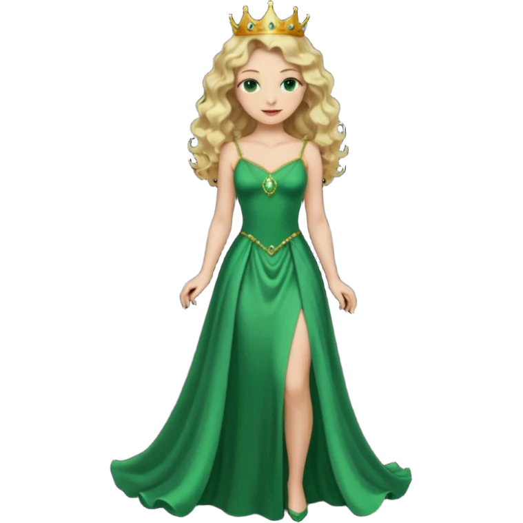 Queen, crown, blonde wavy hair, green eyes, long green narrpw dress, whole Body, emoji