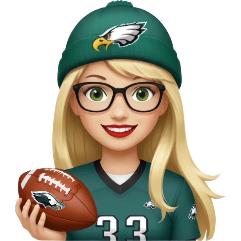 full length women wearing eagles uniform, long blonde hair, styled bangs, green eyes, black rectangle glasses, holding football, number 33, smiling, lipstick, eagles beanie emoji