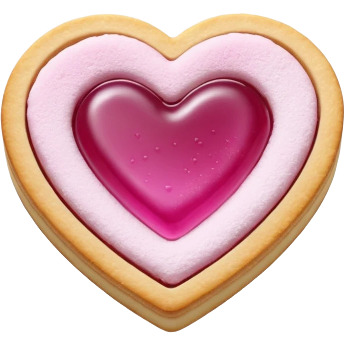 Realistic shortbread cookie in the shape of a heart with light margenta jelly middle filling and sprinkled powder sugar on top. emoji