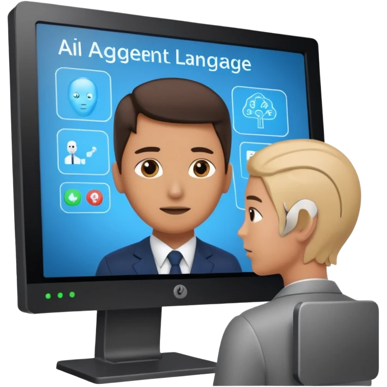 human is using some complicated system, in front of the monitor, asking someting to the monitor by natural language
the monitor, ai agent is inside, answering in also natural langague  emoji