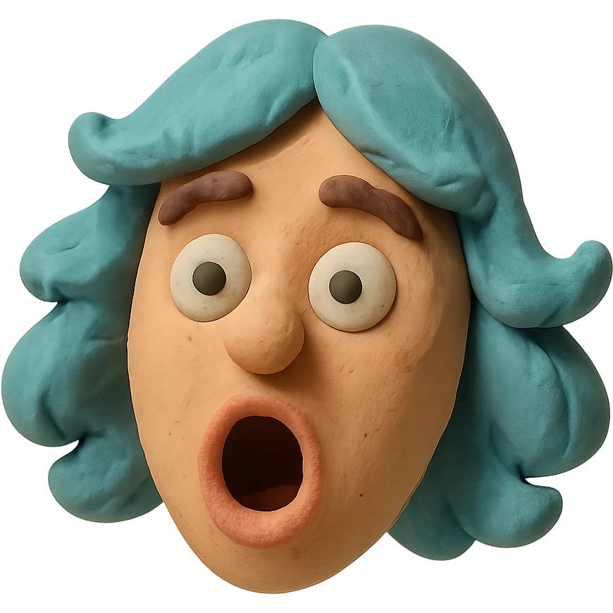 claymation style face gasping with a playful wig emoji
