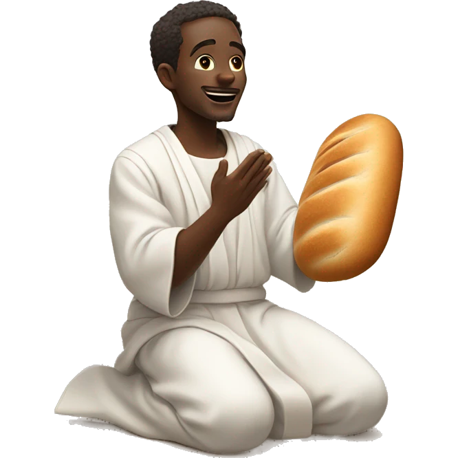 African hebrew man with a bread wearing a white line robe kneeling  with open arms staring at the sky emoji