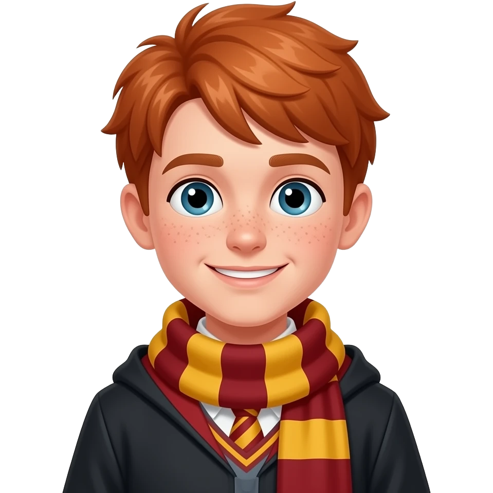 Ron Weasley emoji, Apple style, clean 3D, soft gradients, teenage boy age 15–16, red hair, freckles, friendly expression, Gryffindor accents, minimal icon, centered, white background, high detail emoji