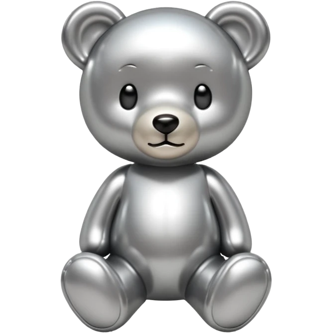 A cute teddy bear emoji made of liquid silver chrome, smooth rounded body, glossy metallic surface, soft reflections, friendly proportions, iOS emoji style, centered, clean white background emoji