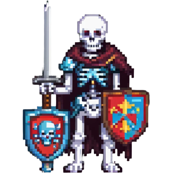 pixel art skeleton with a sword and shield, retro game style emoji