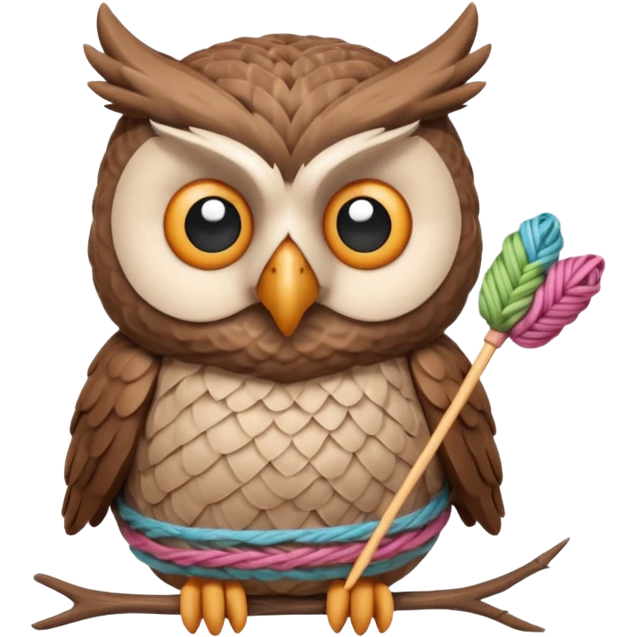 knitting owl portrait, head and shoulders only, cute owl holding knitting needles and yarn, cozy expression, warm handmade vibe, soft feathers, 3D cartoon style, mobile game icon style, clean background, no text, no watermark
 emoji