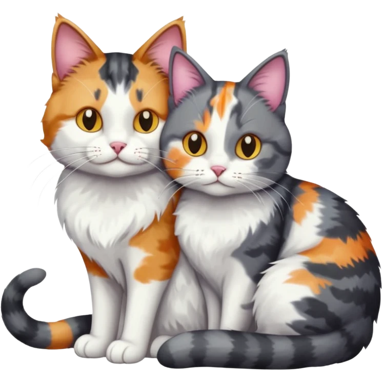 full body large dark grey and white cat cuddling a colourful light patched calico + white tabby cat  emoji