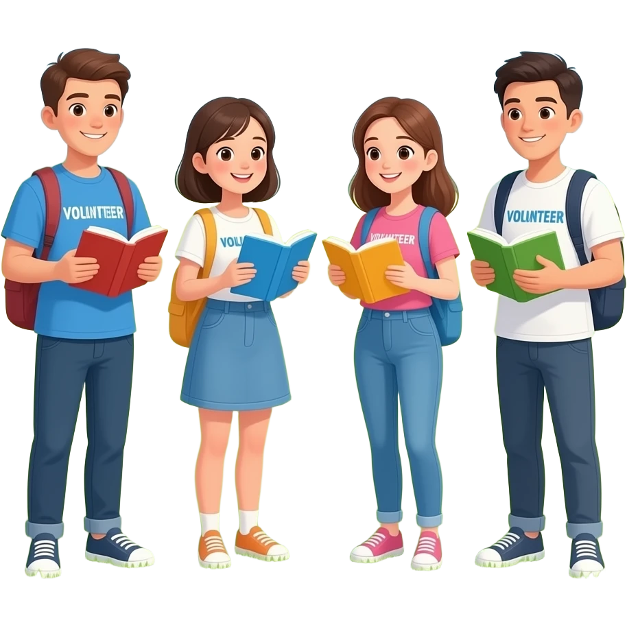 여름의 쨍쨍한 해 아래서 교육 봉사를 하고 있는 대학생들 emoji