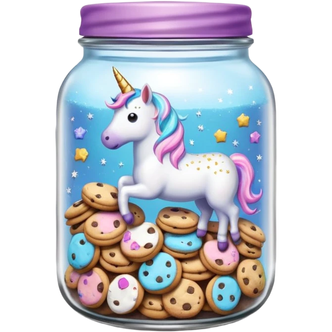 A sparkly pastel chewy chocolate chip unicorn cookie in an organized jar, saying "Cookie Jar" with some small illustrations on the jar to indicate there's cookies stored instead emoji