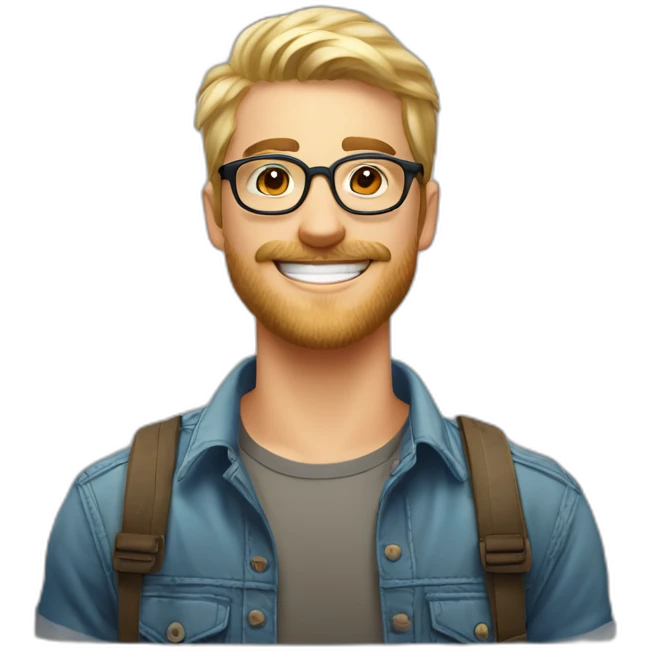 Handsome young man 25 years old short blond hair nice round glasses cool beard Light moustache funny big smile dimple on the side emoji