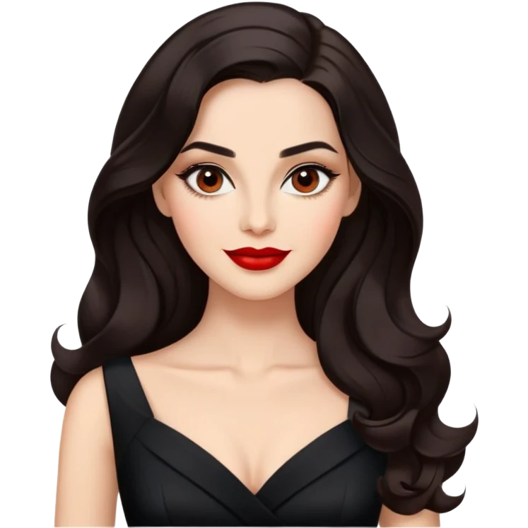 Distinguished actress with bright complexion, long dark hair with soft waves, large expressive dark eyes with classic makeup, defined brows, red lipstick, wearing elegant black dress, confident professional smile emoji