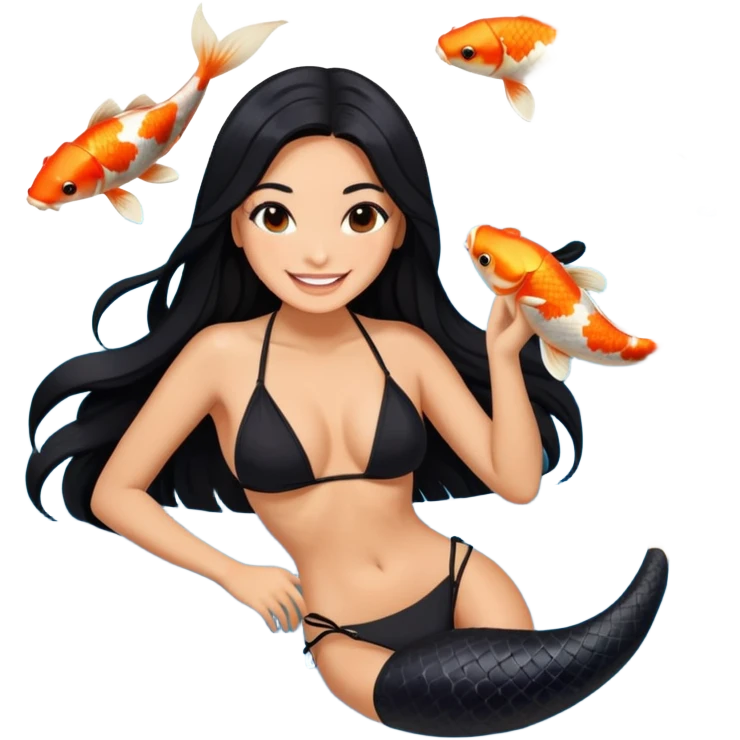 long black hair tanned woman, black bikini, in koi fish pond emoji