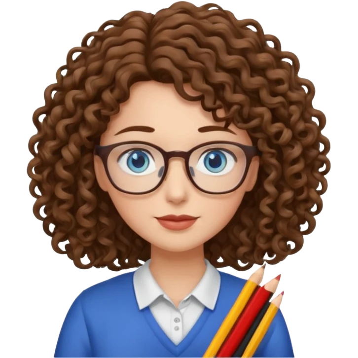 teacher blue eyes glasses curly brown hair long kind emoji