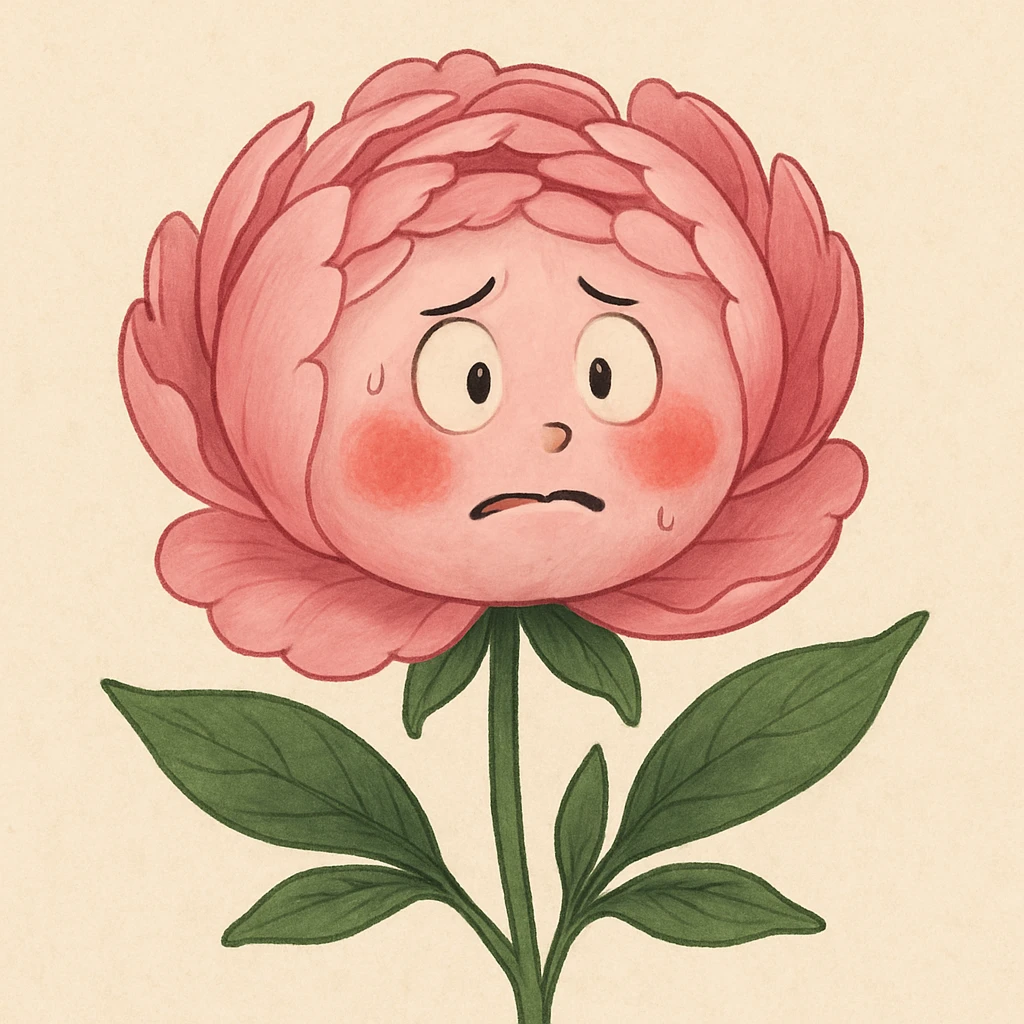 a pink peony flower with a plump body, red cheeks, nervous look emoji