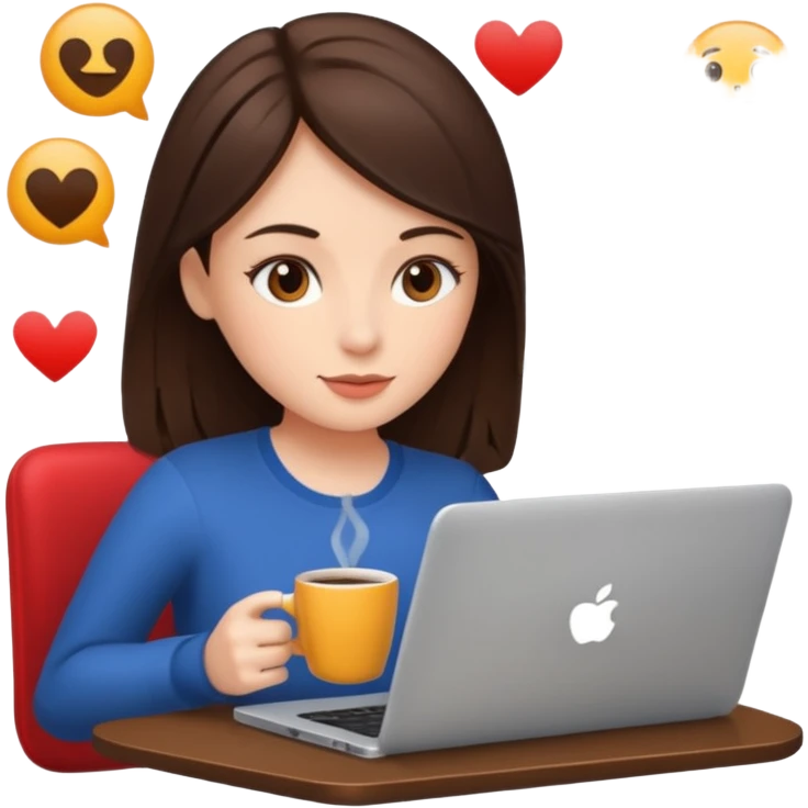 Brunette girl+laptop+coffee+ social media  emoji