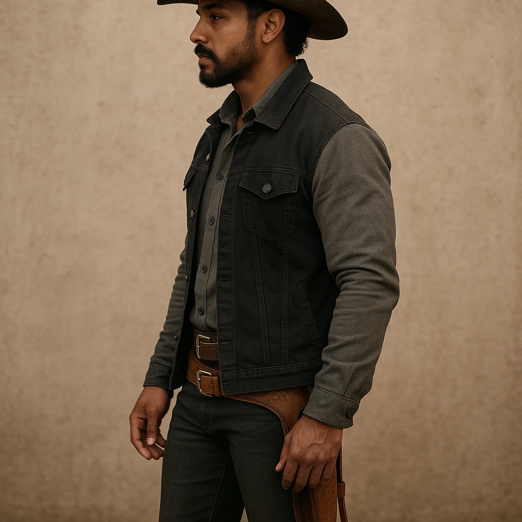 full body side view of a male cowboy with brown skin, brown eyes, medium musculature, beard and goatee, wearing a brown leather hat, gray shirt, black and gray jacket emoji