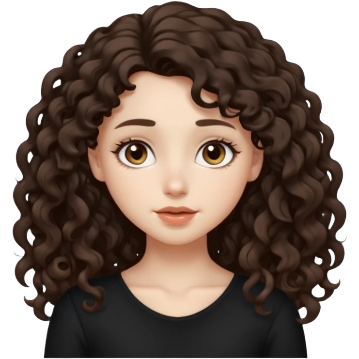 Aesthetic white girl with long curly hair color dark brown, hair most be in front of the shoulders (hair in front of the shoulders, less voluminous). Big almond shape eyes color brown, small wide nose, natural lips, sweet expression. Dressed with a cute tight top color black.  emoji