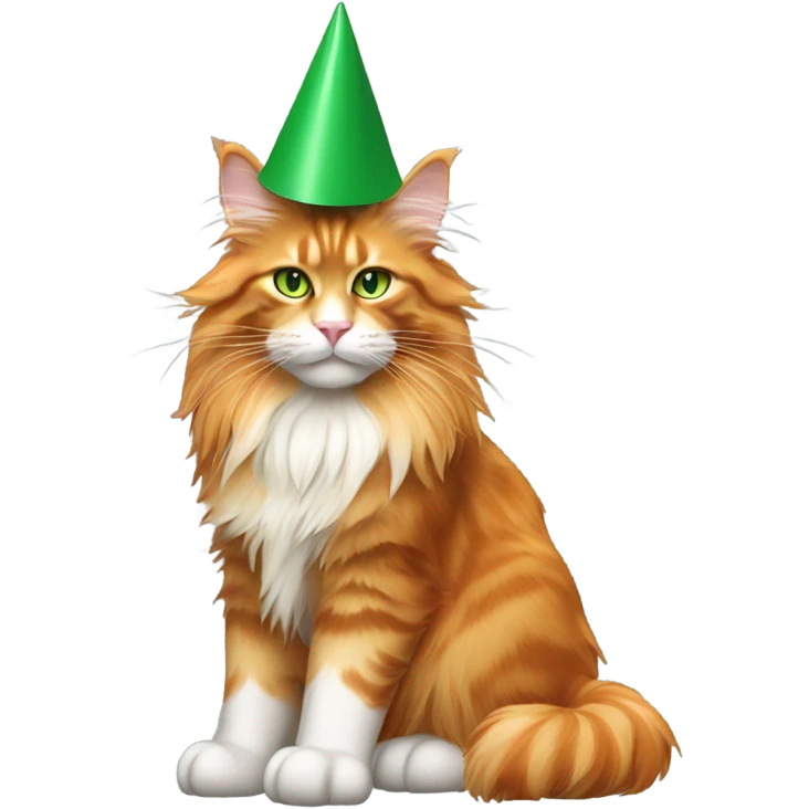 full body of orange maine coon cat with green eyes wearing a party hat with a pom-pom  emoji