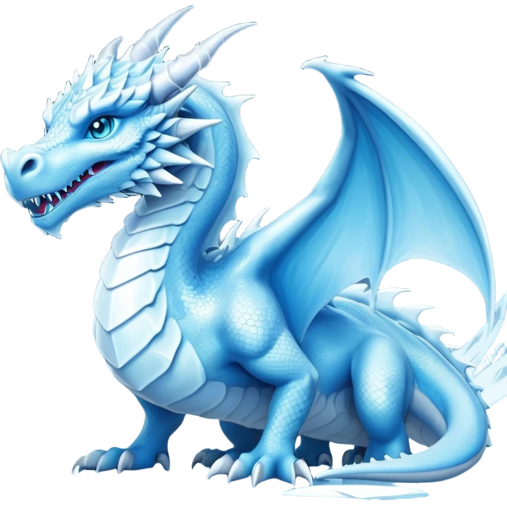 Cinematic Noble wise elegant Ice Dragon full body  Emoji, Poised and imposing, distinct long elegant snout, with a slender, scaled body shimmering in glacial hues of icy blue, frostbitten silver, and crystalline white, breathing out frost, with piercing, glowing ice blue white eyes that radiate the chilling depths of an arctic storm; rendered in detail. excuding wisdom emoji