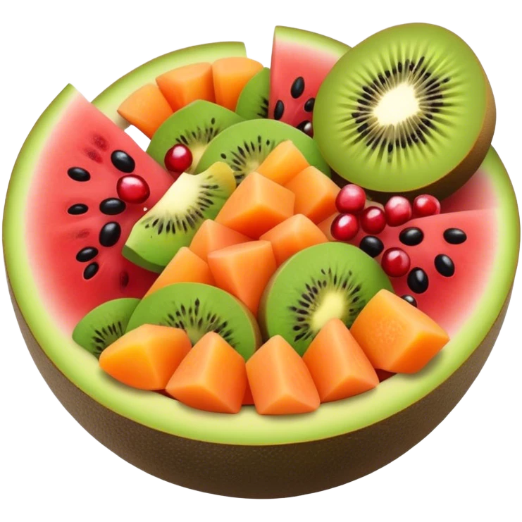 fruit salad with kiwi, papaya, watermelon, pomegranate, avocado emoji