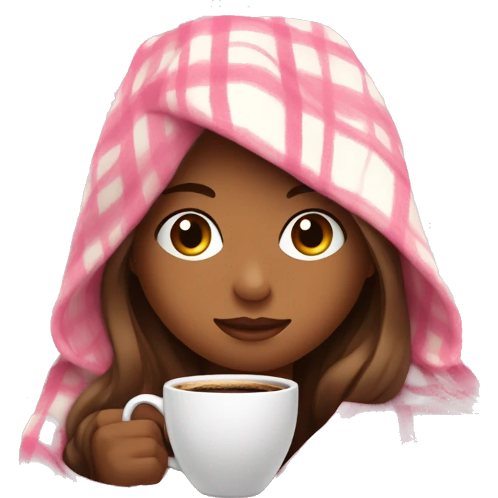 Girl wrapped up in a white pink plaid blanket with coffee  emoji