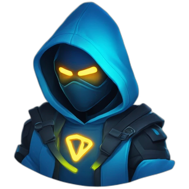developer behind his laptop with this style : Riot Games Valorant neon glowing bright blue character blue black hooded assassin themed character emoji