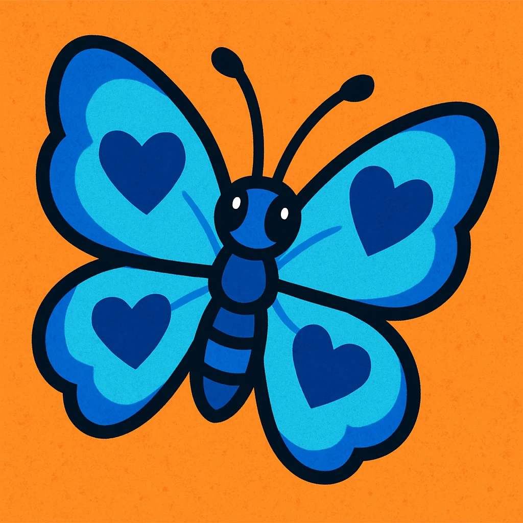 blue butterfly with blue hearts on its wings, vibrant toon style emoji